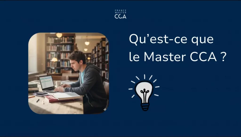 Étudiant en Master CCA révisant en bibliothèque, illustrant la formation en comptabilité, contrôle et audit.
