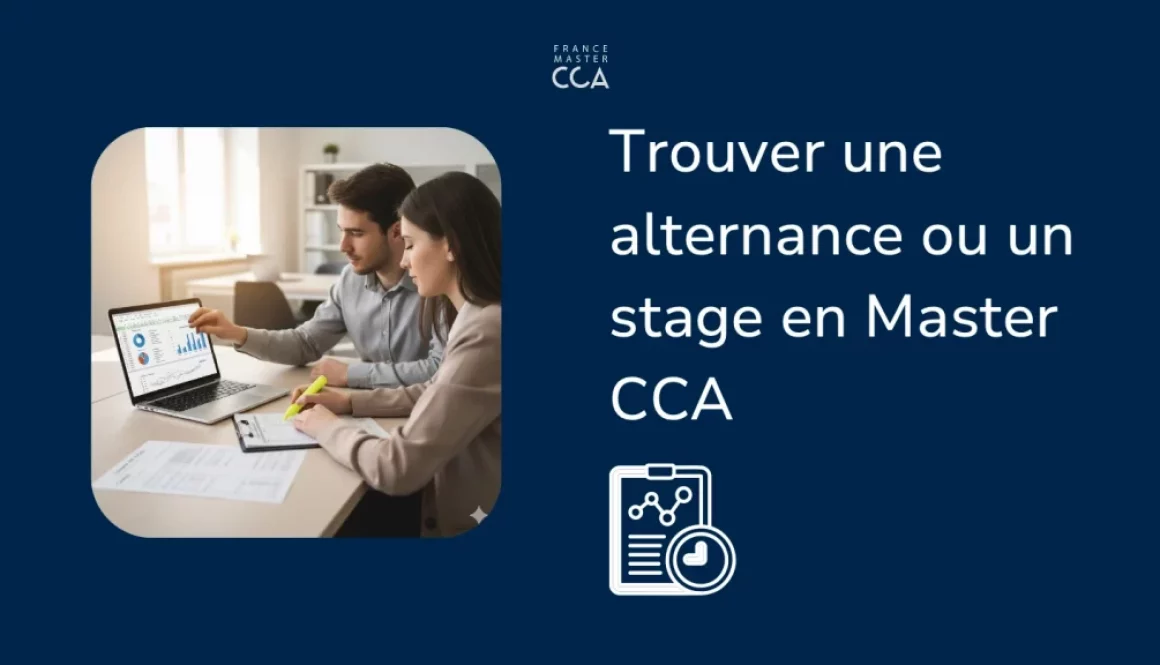 Étudiants en Master CCA travaillant sur un dashboard Excel et une checklist d’audit pour candidater en stage