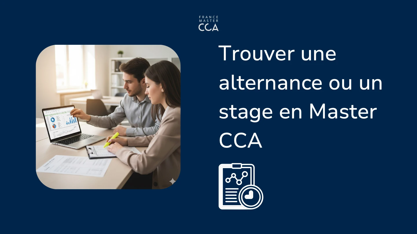 Étudiants en Master CCA travaillant sur un dashboard Excel et une checklist d’audit pour candidater en stage