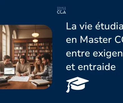 Vie étudiante en Master CCA : étudiants travaillant en équipe à la bibliothèque sur comptabilité, audit et finance